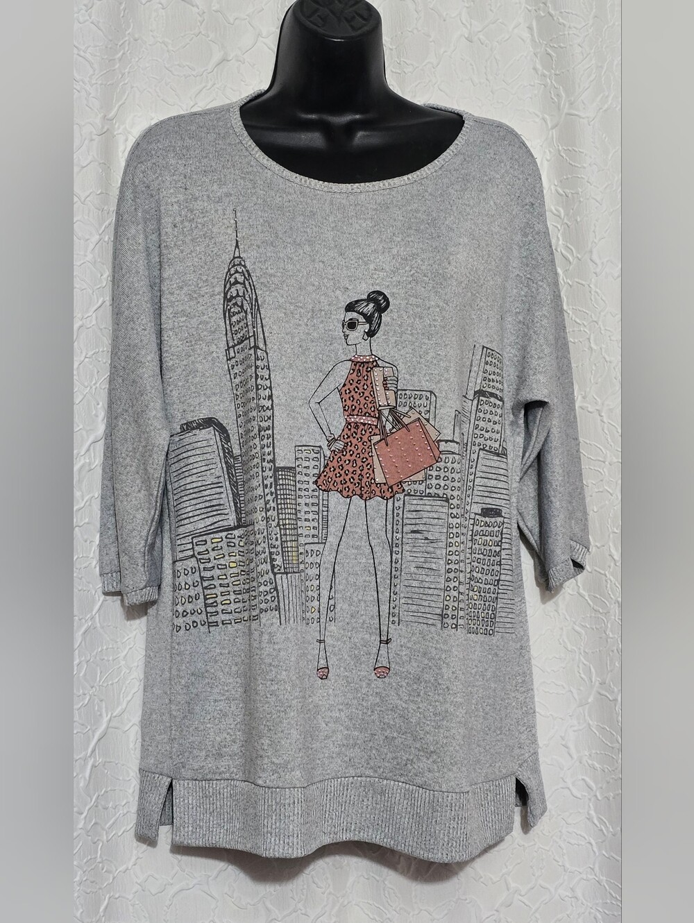Womens Chic Gray City Chic Cityscape Sweater Top w/Bling Top Size XL